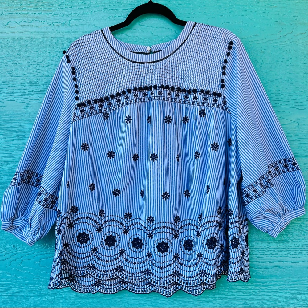 Crown & Ivy Blue & White Embroidered Smocked Cotton Top 2XL Boho Cottagecore